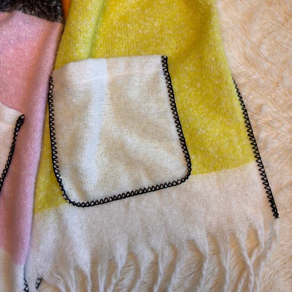 Colorblock Pocket Fringe Scarf - Pink, Orange, Yellow - Picture 2 of 6
